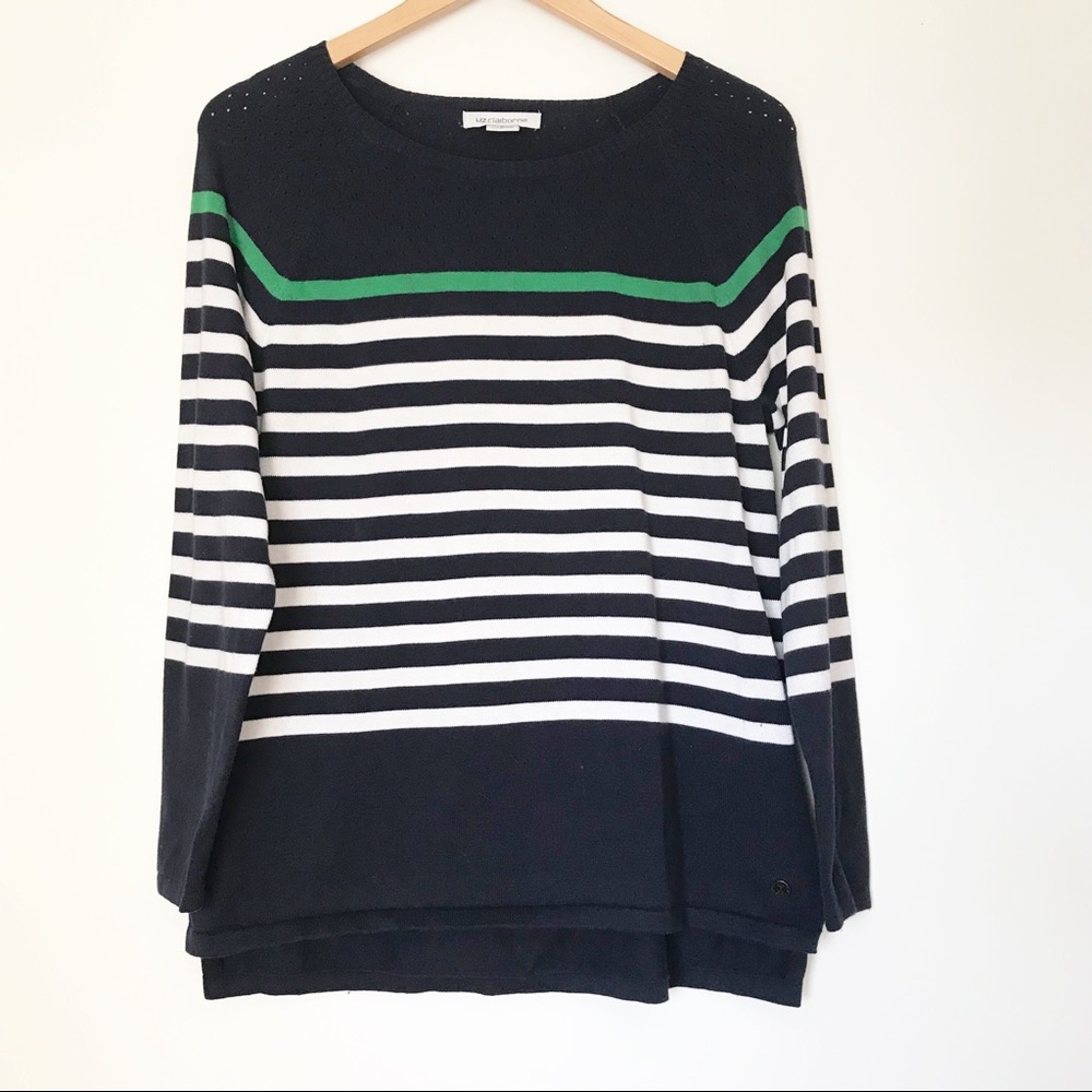 Liz Claiborne Navy/White/Green Striped Sweater - M